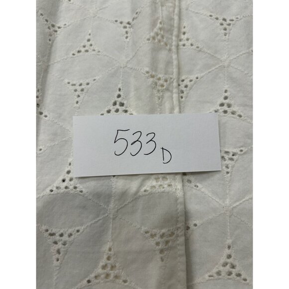 Susan Graver White Eyelet Button Down Shirt Ruched Sleeves Scalloped Hem Sz M - Picture 8 of 8